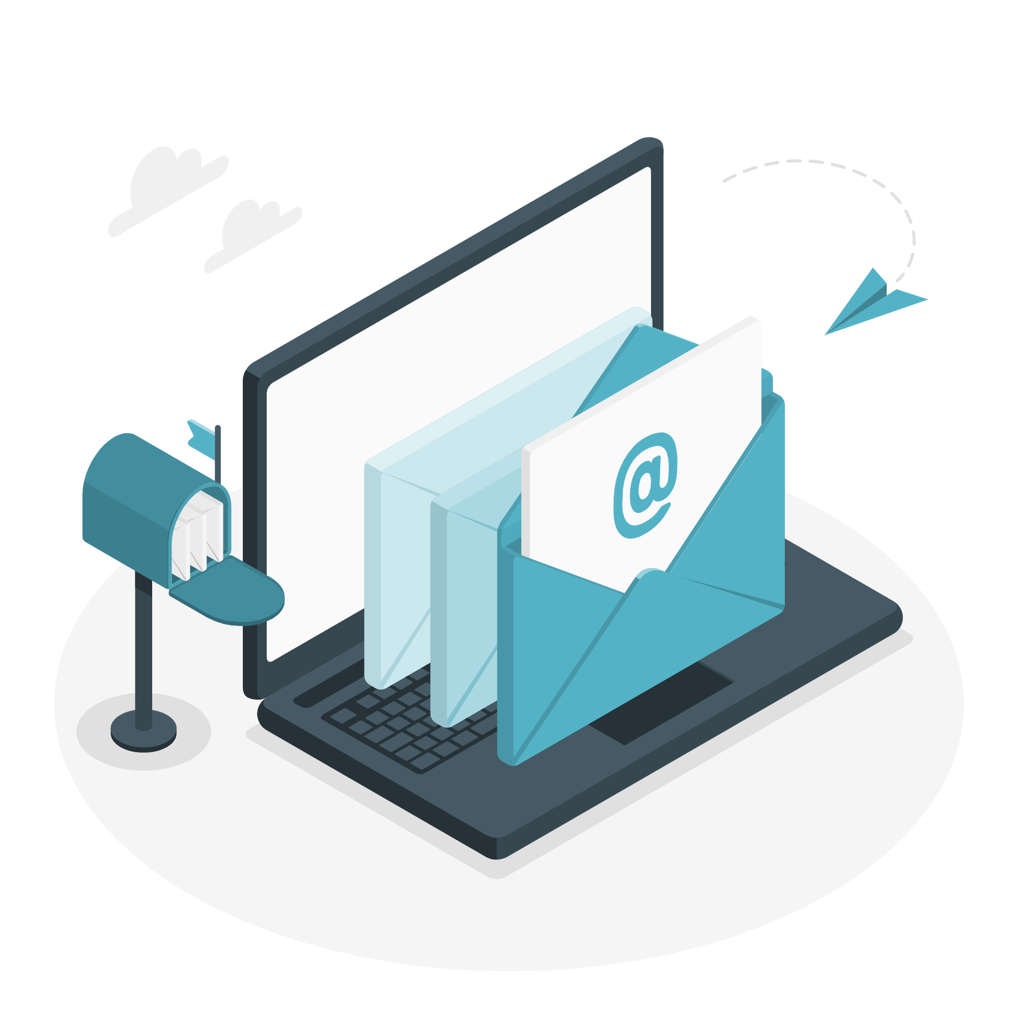 ilustração de contato, contendo na imagem notebook, envelopes, caixa de correio, avião de papel e nuvens